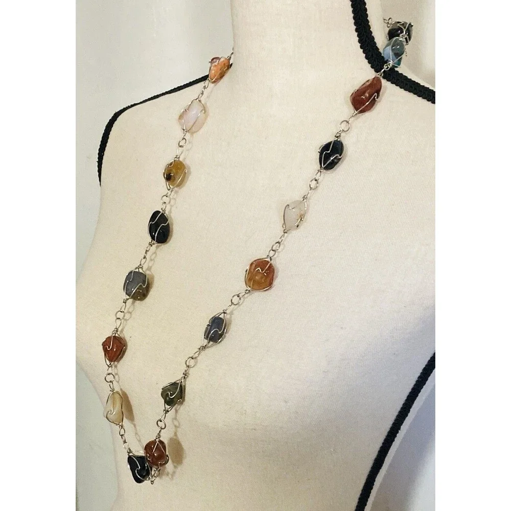 Vintage 33 Inch Artisan Wire-Wrapped Gemstone Cage Necklace Boho Festival Earthy